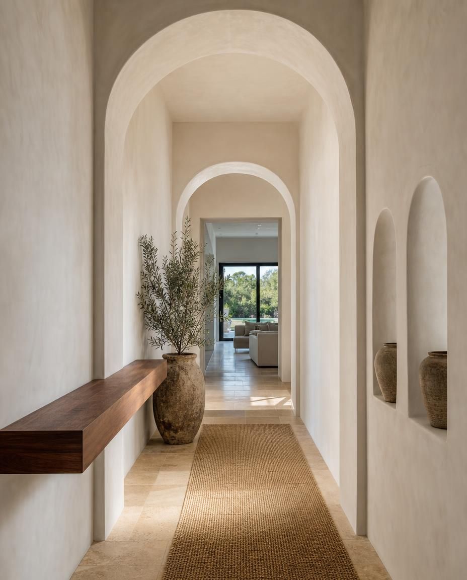 Arched hallway with smooth plaster-look walls leading to a living room