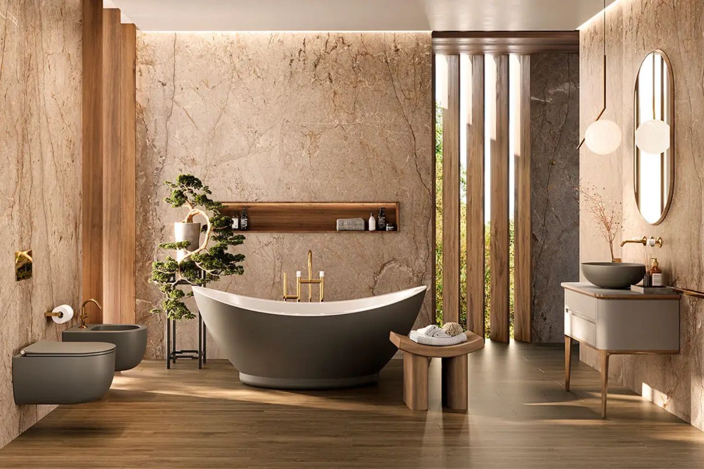 Bathroom with stone-look wall slabs, a freestanding tub and a wood-look floor