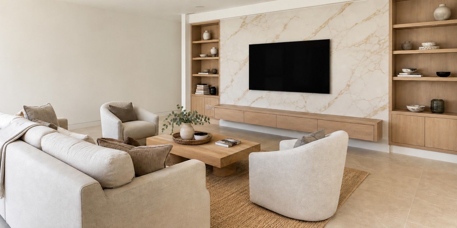 A marble-look porcelain slab wall behind a TV, with oak shelves on both sides