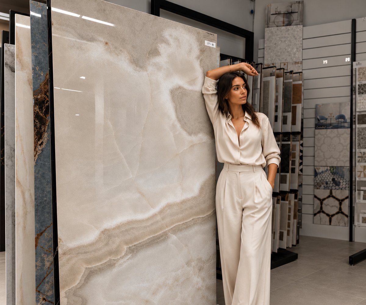 A woman leaning on a tall onyx-look slab in our Sarasota showroom