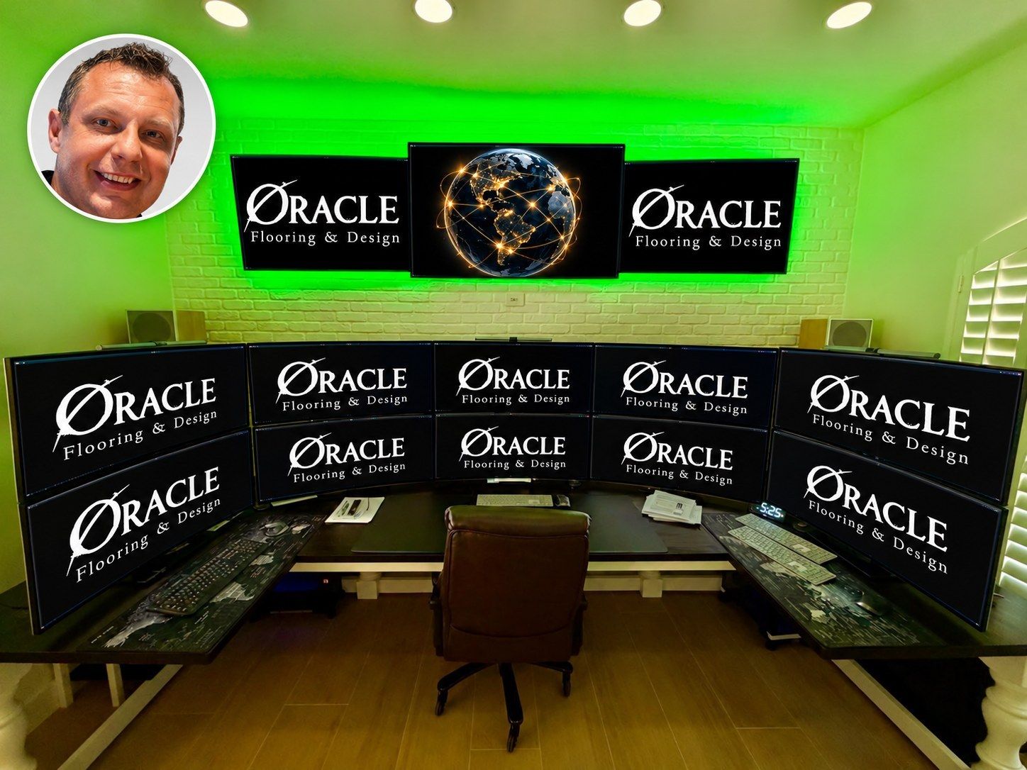 Peter's office: a desk under a wall of screens showing the Oracle logo, with his portrait in a circle