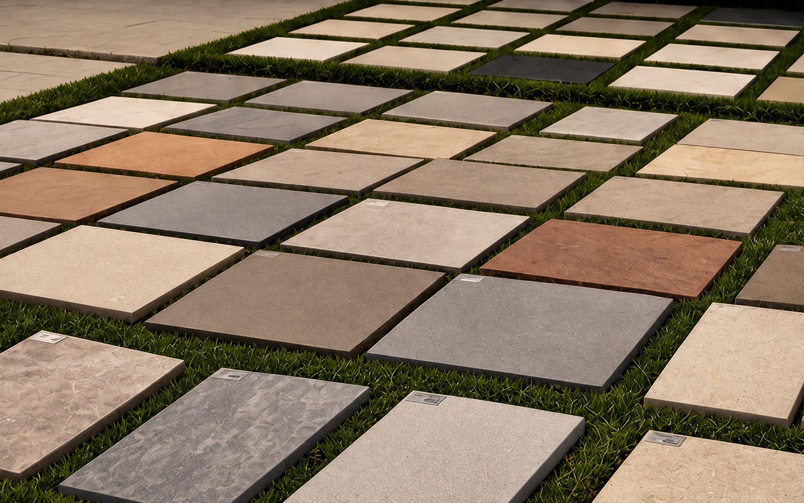 Rows of outdoor pavers in different stone looks laid out on the grass in front of our showroom