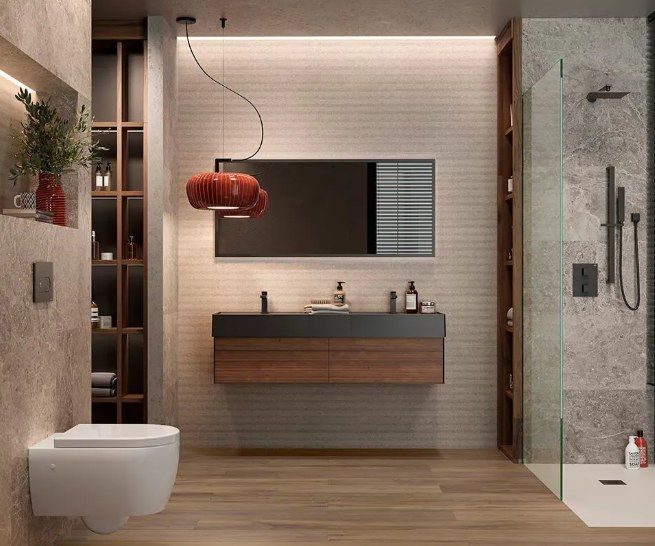 Bathroom with stone-look walls, a floating wood vanity and a walk-in shower