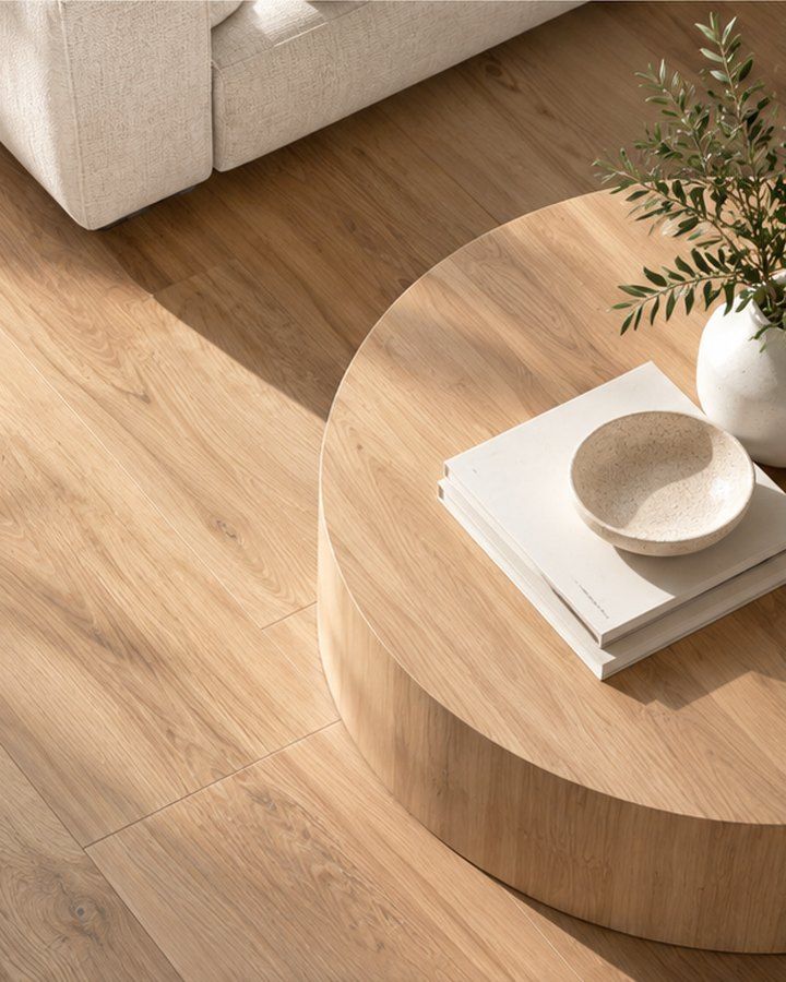Close-up of a wood-look plank floor beside a round wooden table
