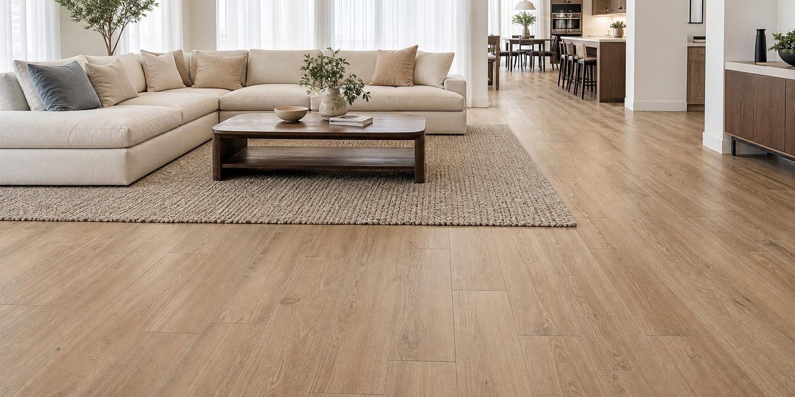 Light wood-look porcelain planks running through an open great room toward the kitchen